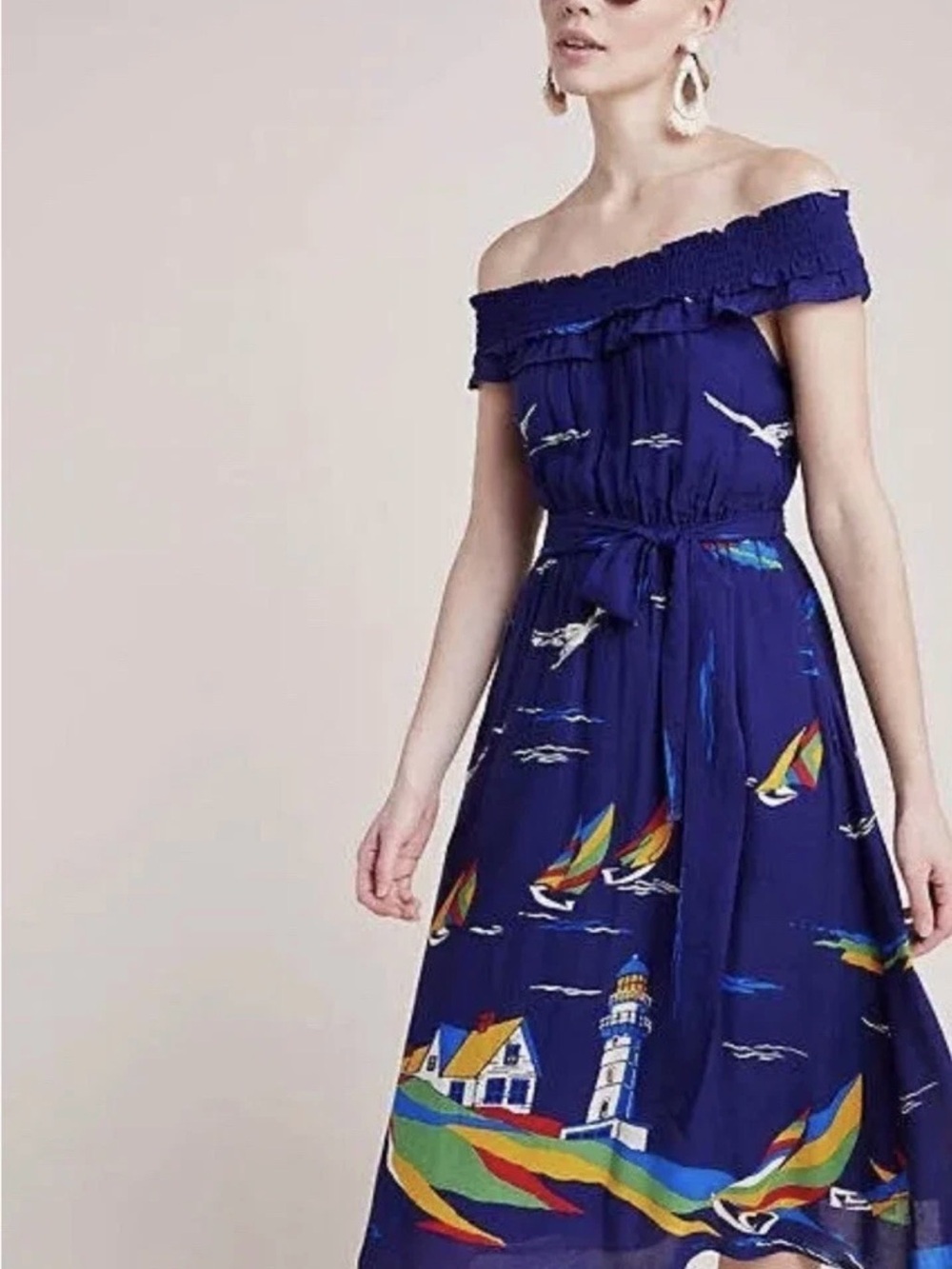 Off-Shoulder Nautical Print Maxi Dress in Royal Blue